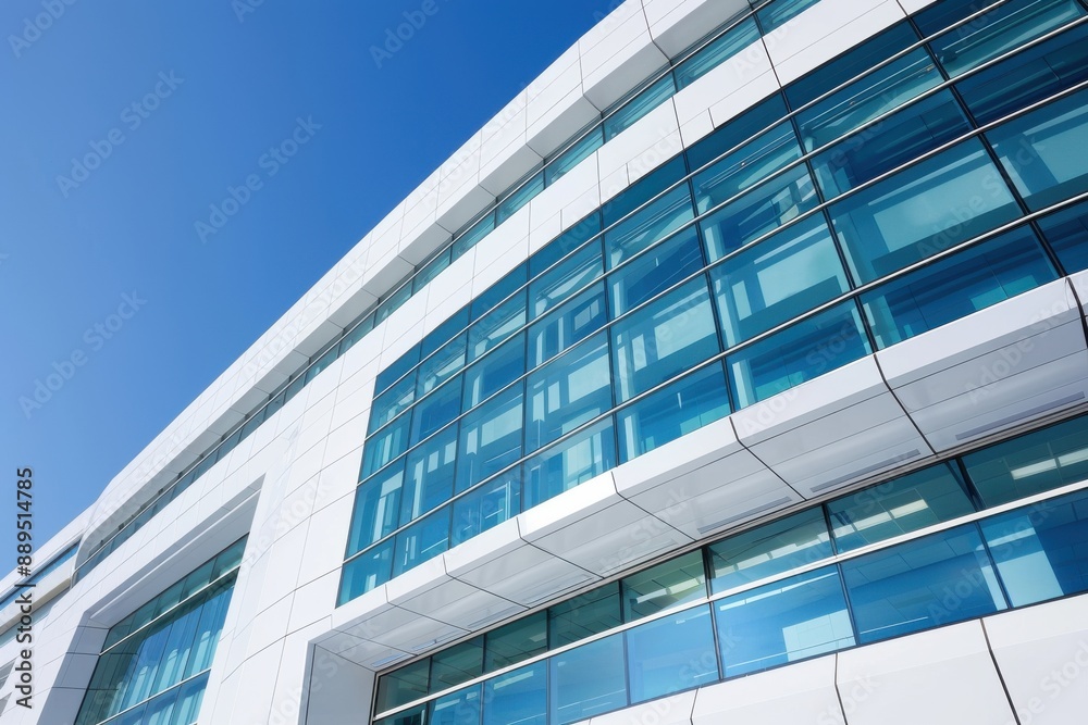 Office Building, White commercial structure with reflective glass windows, Modern corporate environment Office Building, White commercial structure with reflective glass windows, Modern corporate environment