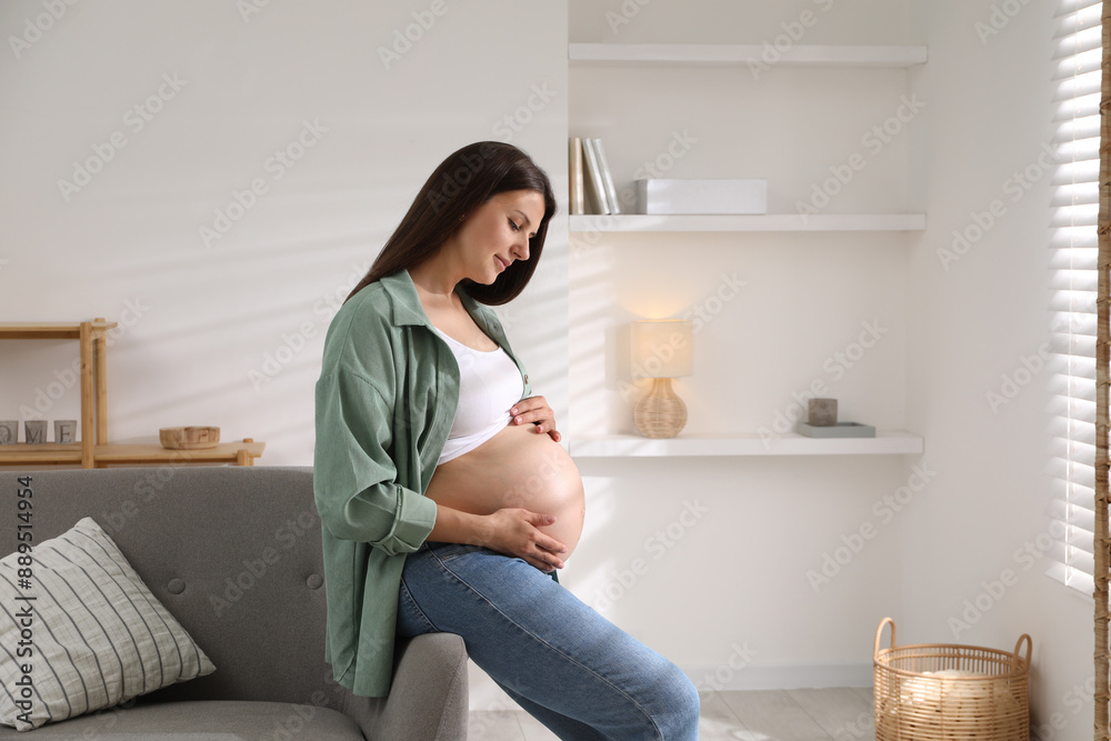 Fototapeta premium Beautiful pregnant woman sitting on sofa at home