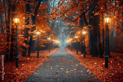 Lamp-lit paths in a park with autumn leaves