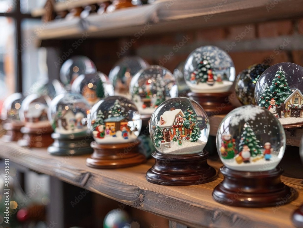 Fototapeta premium Snow globe collection displayed on a shelf, each globe depicting a different Christmas scene