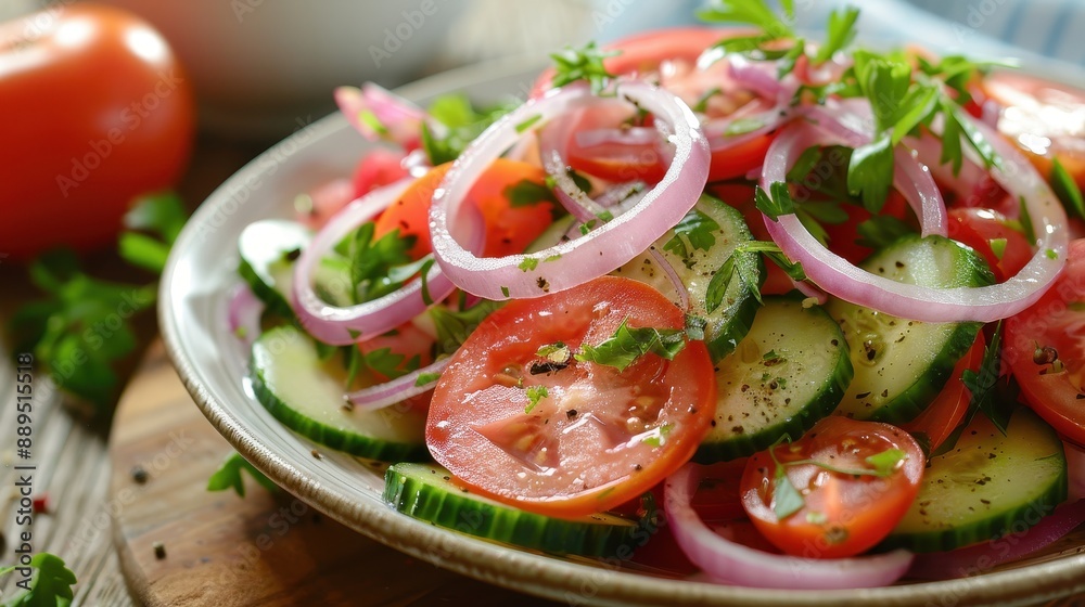 A bowl of salad with tomatoes, cucumbers, and onions. The bowl is on a wooden table A bowl of salad with tomatoes, cucumbers, and onions. The bowl is on a wooden table