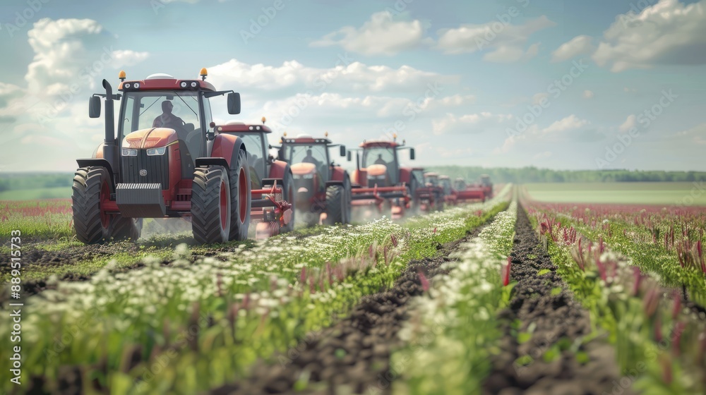 Row of tractors and agricultural machinery drives along the road, surrounded by cultivated fields. Agricultural workers go to protest rally against tax increases, changes in law, abolition of benefits Row of tractors and agricultural machinery drives along the road, surrounded by cultivated fields. Agricultural workers go to protest rally against tax increases, changes in law, abolition of benefits