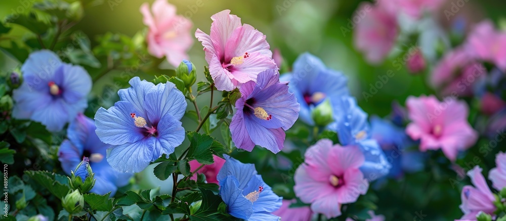 Hibiscus syriacus, also known as Rose of Sharon, features colorful flowers and is a versatile garden plant option, ideal for a copy space image. Hibiscus syriacus, also known as Rose of Sharon, features colorful flowers and is a versatile garden plant option, ideal for a copy space image.