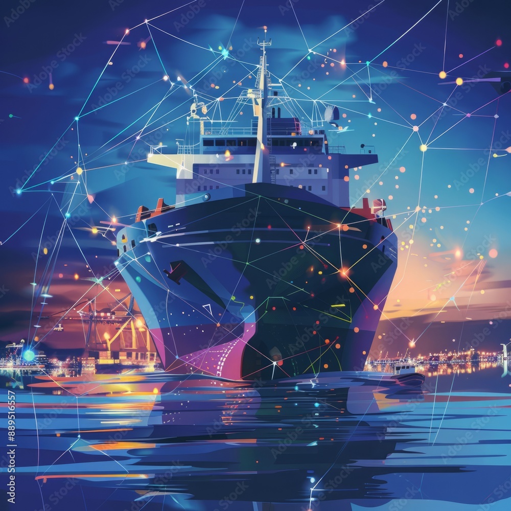Obraz premium Digital Odyssey: Illustration of Data-Driven Container Ship Sailing Through Information Ocean with AI Robot at Helm