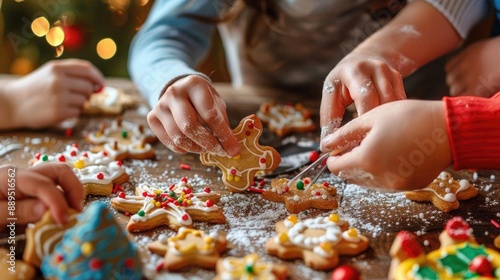Family decorating Christmas cookies together, with a variety of icing colors and sprinkles