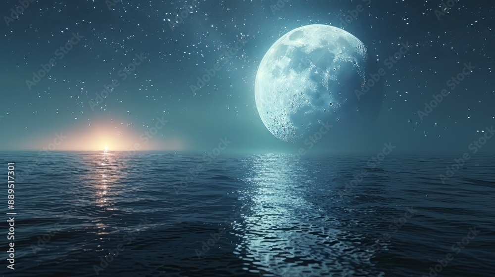 Two moons in the sky, milky way, reflection on water surface, fantasy landscape, minimalist design, space for text, wide angle lens, hyper realistic Two moons in the sky, milky way, reflection on water surface, fantasy landscape, minimalist design, space for text, wide angle lens, hyper realistic