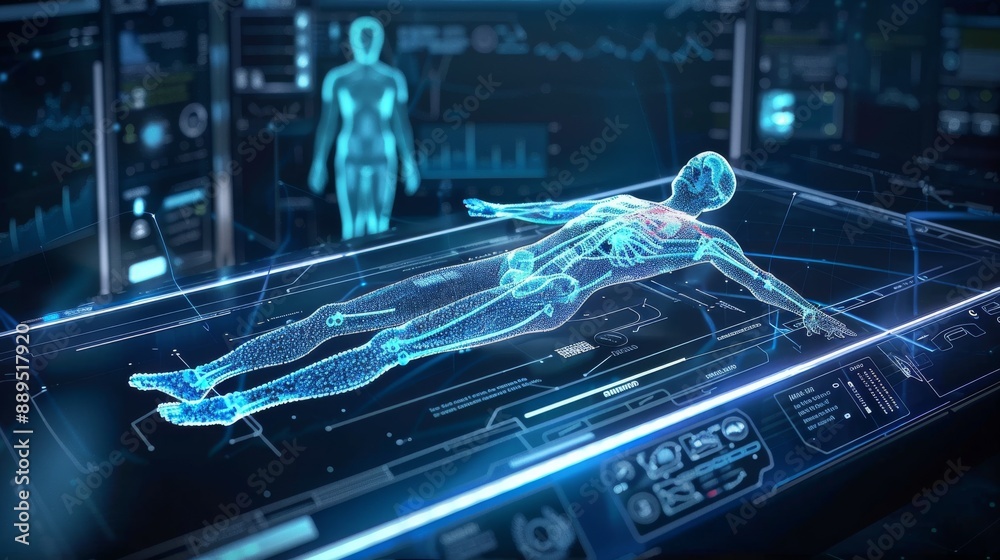 Futuristic medical scanner displaying patient data Futuristic medical scanner displaying patient data