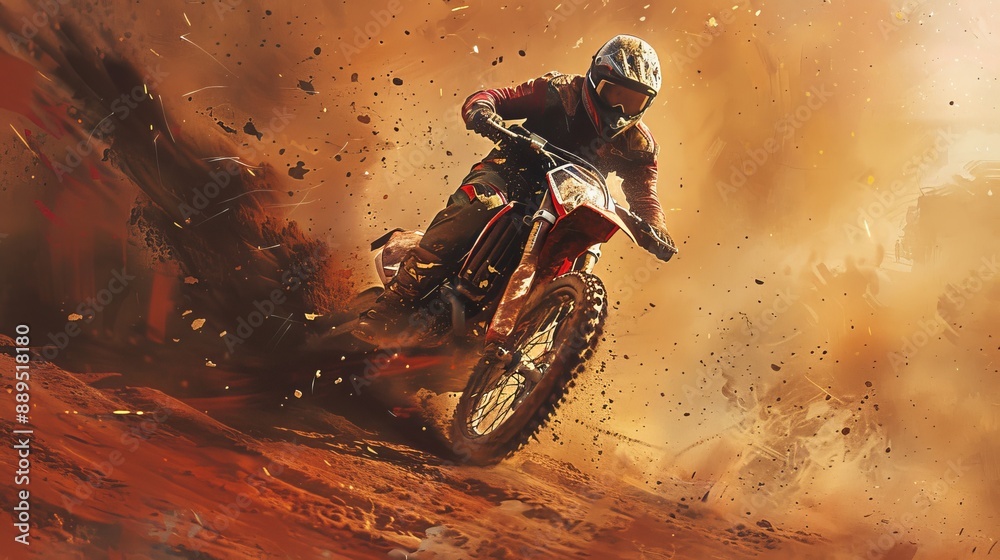 Illustration of Biker racing on a dirt track, dust flying, intense focus, off-road race Illustration of Biker racing on a dirt track, dust flying, intense focus, off-road race