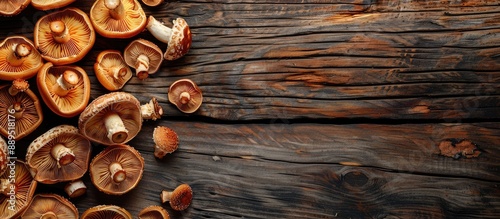 Top view of honey agaric mushrooms on an aged wooden background with copy space image for autumn forest mushroom harvest.