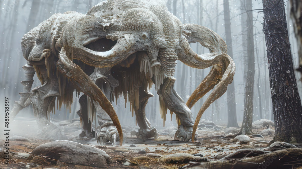 A large, white creature with long, icy appendages is walking through a forest A large, white creature with long, icy appendages is walking through a forest