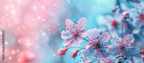 Smooth, blurred pastel wallpaper background featuring pink and blue flowers with copy space image.
