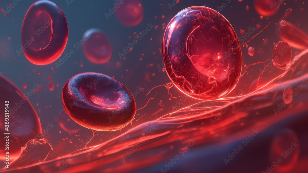 Close-up view of red blood cells flowing through a blood vessel, highlighting detailed structure and vibrant colors. Close-up view of red blood cells flowing through a blood vessel, highlighting detailed structure and vibrant colors.