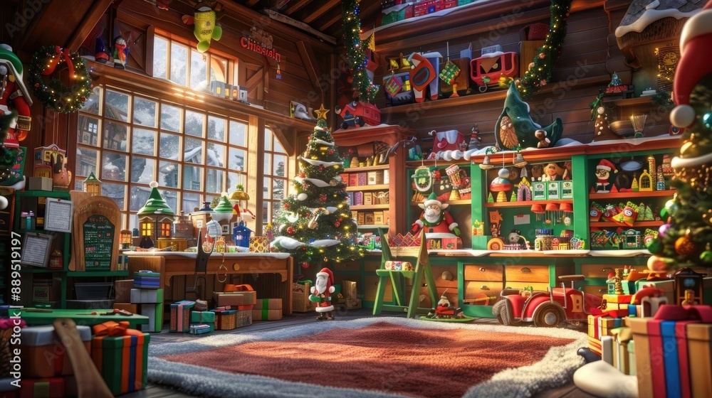 Fototapeta premium Santa's workshop interior, elves making toys, colorful workstations, shelves filled with gifts, bustling and cheerful environment