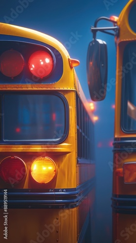 Close-up of two yellow school buses with bright red and amber tail lights in a foggy setting.