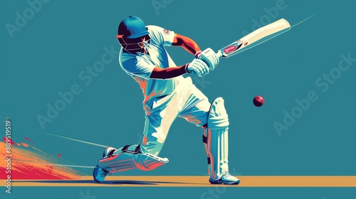 Illustration of Cricket batsman hitting a ball, focused stance, action shot, cricket ground