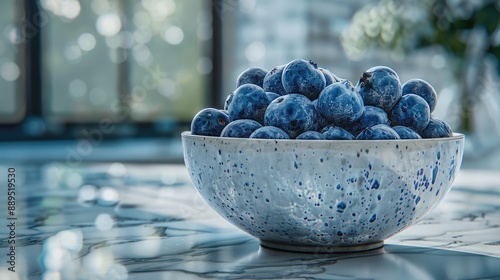 Wallpaper Mural A close-up photograph of a bowl filled with fresh, plump blueberries on a white marble countertop. Torontodigital.ca