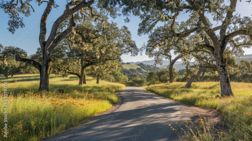 A cheerful photograph of a winding country road lined with blooming wildflowers and tall trees, under a bright blue sky. A cheerful photograph of a winding country road lined with blooming wildflowers and tall trees, under a bright blue sky.
