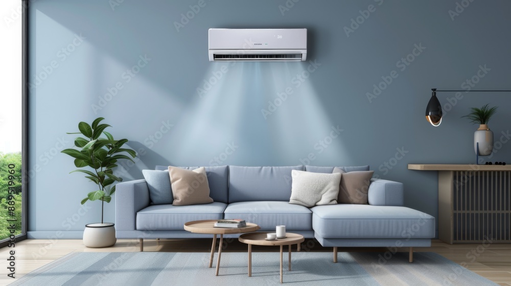 Stylish living room with a wall-mounted air conditioner Stylish living room with a wall-mounted air conditioner