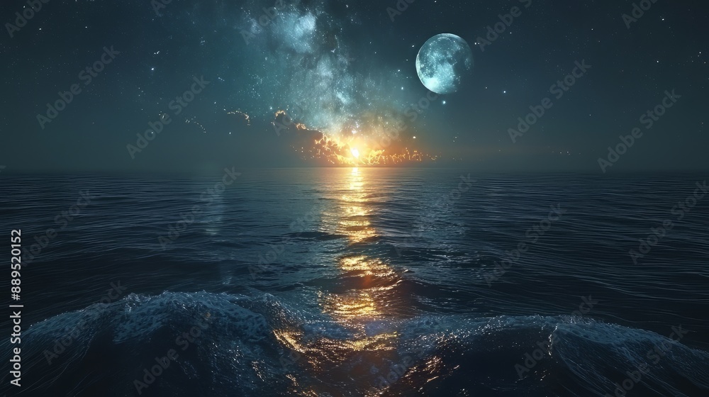 Two moons in the sky, milky way, reflection on water surface, fantasy landscape, minimalist design, space for text, wide angle lens, hyper realistic Two moons in the sky, milky way, reflection on water surface, fantasy landscape, minimalist design, space for text, wide angle lens, hyper realistic