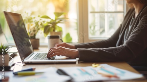 Businesswoman working on her laptop in a stylish and well-organized home office