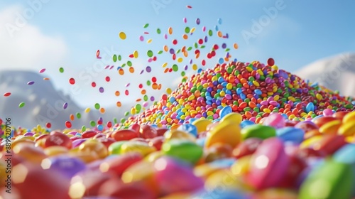 Amazing view of a hill made of skittles candy, lots of colorful skittles candy scattered around, floating in the air, bright background. AI generated image