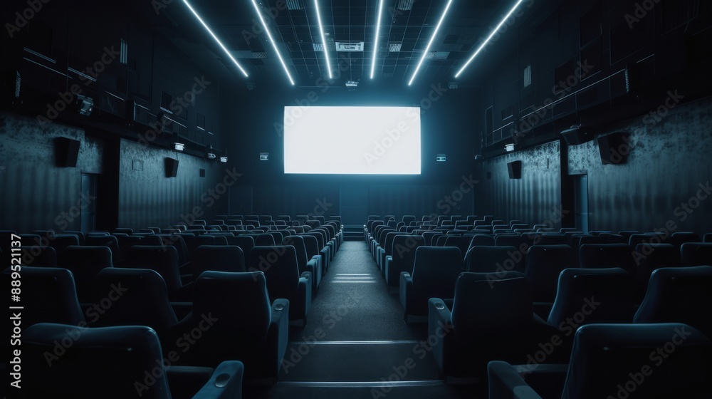 Interior of a dark movie theatre with rows of empty seats and a dimly lit screen Interior of a dark movie theatre with rows of empty seats and a dimly lit screen