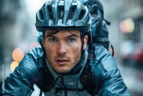 Close-up of a cyclist navigating through the bustling city streets, focus on the determination in their eyes, urban adventure