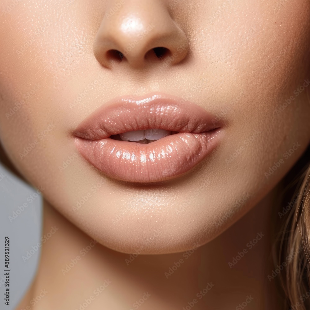 Naklejka premium Beautiful lips and skin of a young girl, Beauty photography, advertising lipstick or clear skin.