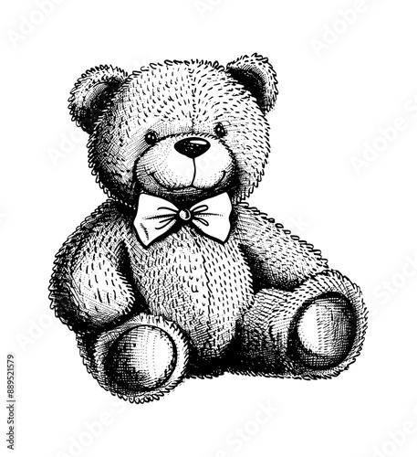 teddy bear doll engraving black and white outline