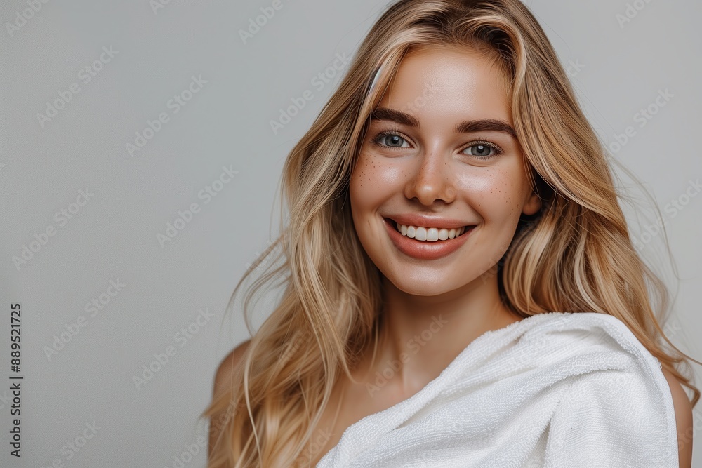 Fototapeta premium A radiant woman with naturally healthy skin exudes charm, confidence, and elegance. Her flawless complexion reflects a sense of freshness and rejuvenation, embodying wellness and youthfulness