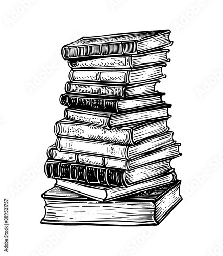 stack of books engraving black and white outline