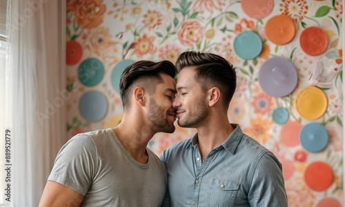 young male couple in love preparing a room for their baby's arrival photo