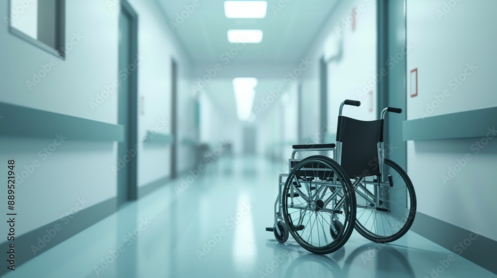 Hospital hallway with a wheelchair positioned in the center Hospital hallway with a wheelchair positioned in the center