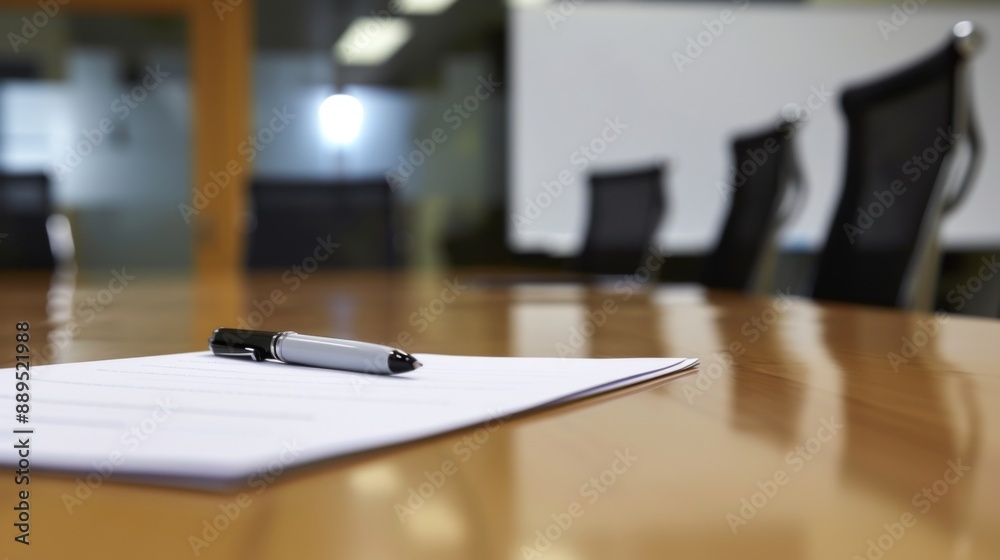 Paper and pen placed on a conference table in a meeting room Paper and pen placed on a conference table in a meeting room
