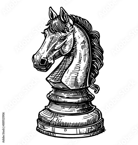 chess knight engraving black and white outline