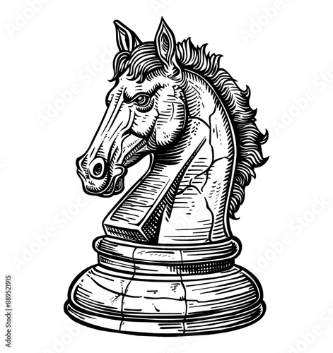 chess knight engraving black and white outline