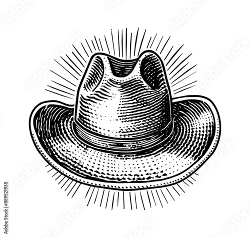 cowboy hat engraving black and white outline