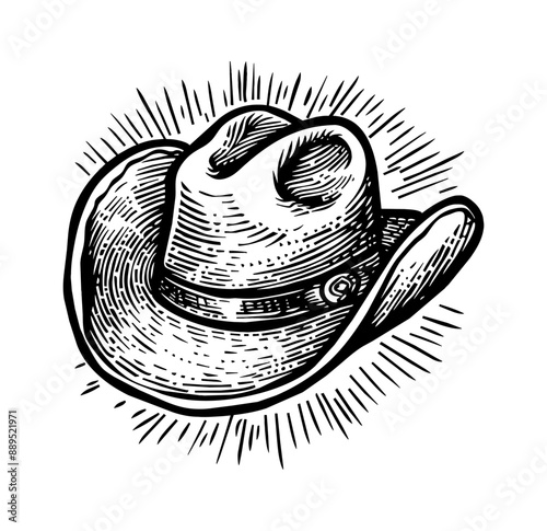 cowboy hat engraving black and white outline