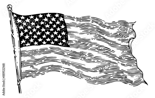 america flag engraving black and white outline