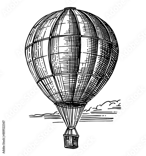 hot air balloon engraving black and white outline