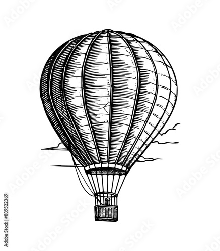 hot air balloon engraving black and white outline
