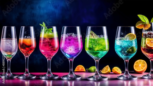 Vibrant color background with collection of colorful cocktails, each with a slice of fruit or berry, ice or flower and a mint leaf, arranged in a row on a dark surface.