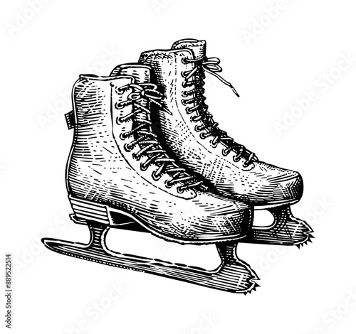 ice skating shoes engraving black and white outline