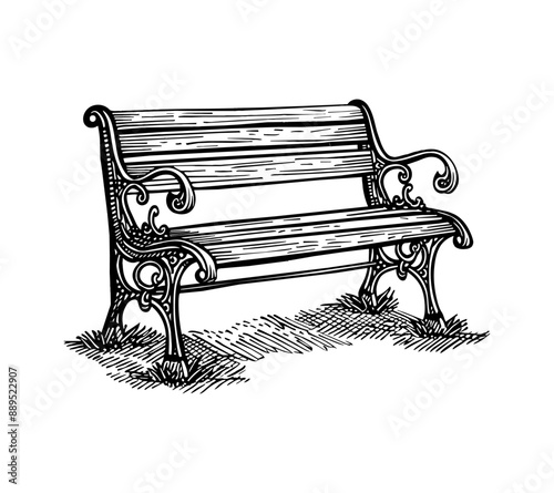 retro park bench engraving black and white outline