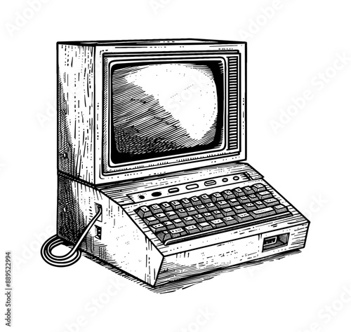 retro computer engraving black and white outline