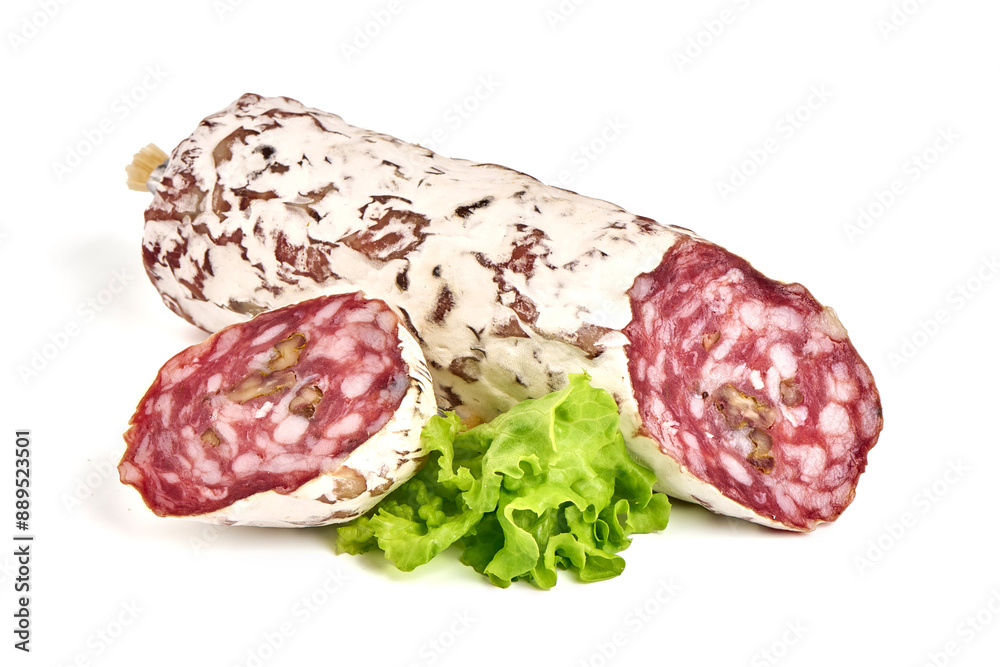 Traditional white salami sausage, isolated on white background. Traditional white salami sausage, isolated on white background.