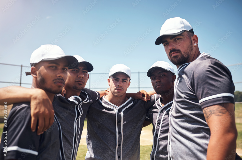 Baseball, field and team for game, planning and together for training on pitch. Practice, huddle and park for fitness or sport for male people, portrait and group of players for softball exercise Baseball, field and team for game, planning and together for training on pitch. Practice, huddle and park for fitness or sport for male people, portrait and group of players for softball exercise