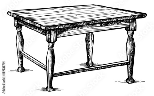 wooden table engraving black and white outline