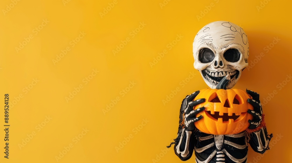 A skeleton is holding a pumpkin in front of a yellow wall A skeleton is holding a pumpkin in front of a yellow wall