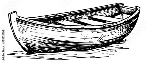 wooden boat engraving black and white outline